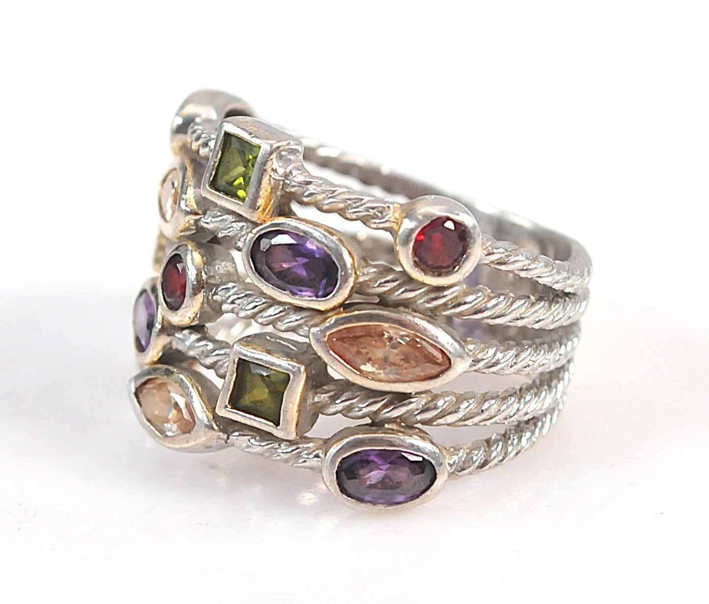 925 Sterling Silver Wide Multi-Strand Gemstone Ring