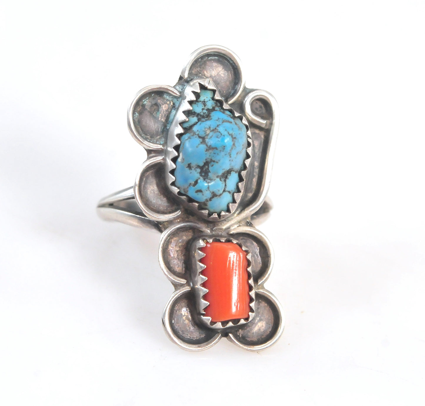 Native American Sterling Silver Turquoise Coral Ring