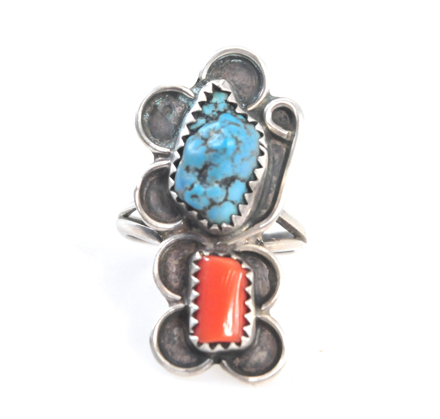 Native American Sterling Silver Turquoise Coral Ring