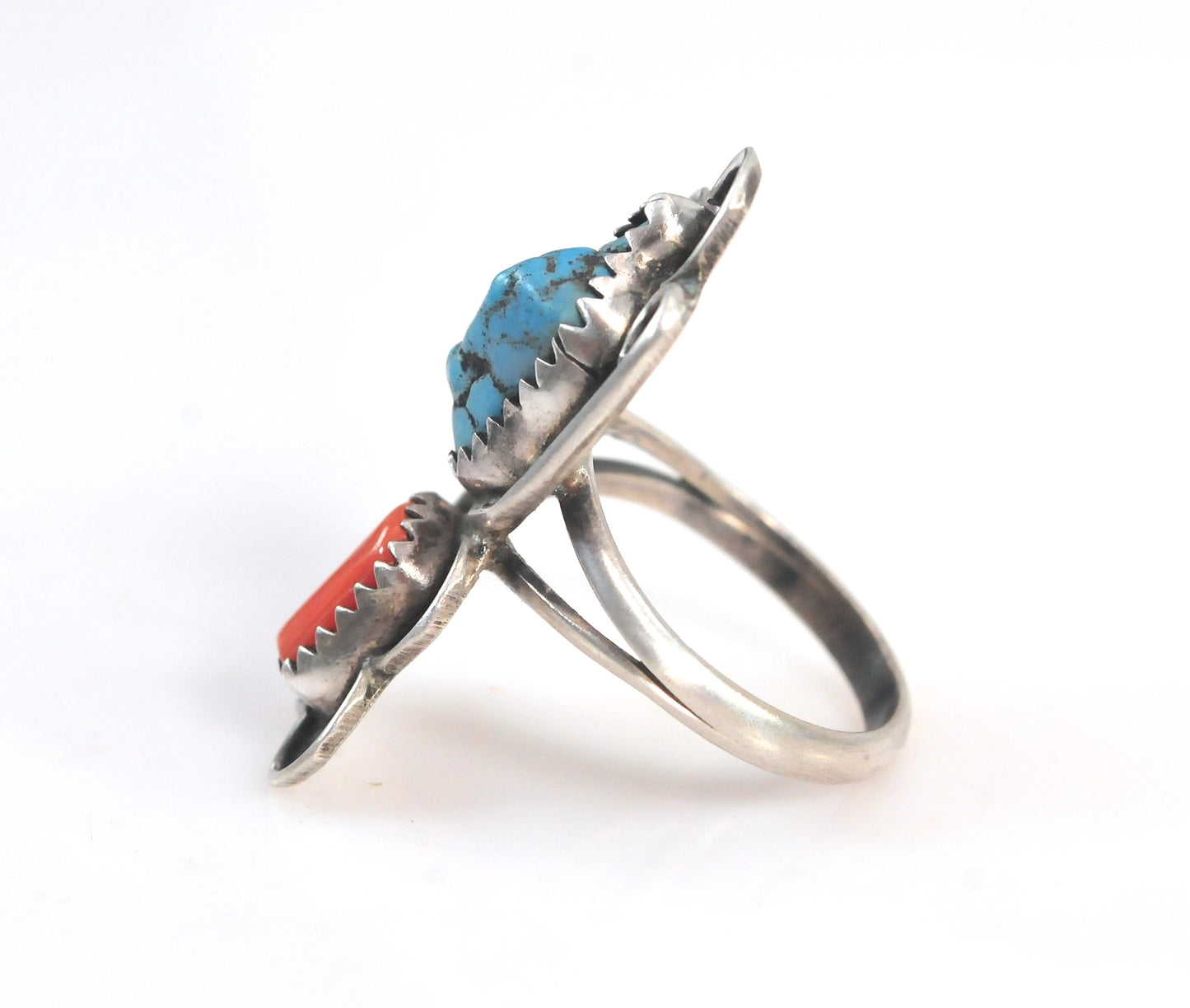 Native American Sterling Silver Turquoise Coral Ring