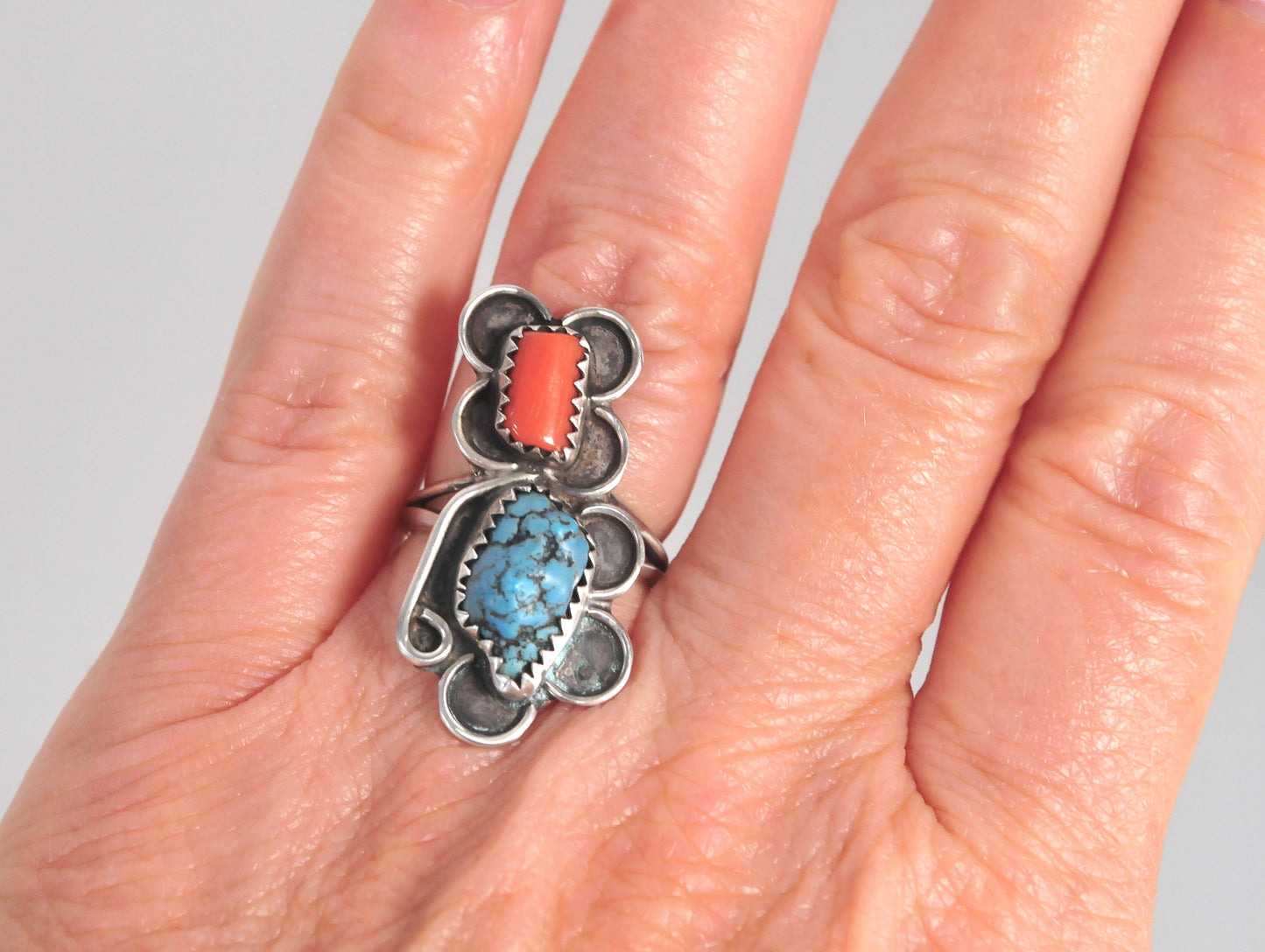 Native American Sterling Silver Turquoise Coral Ring