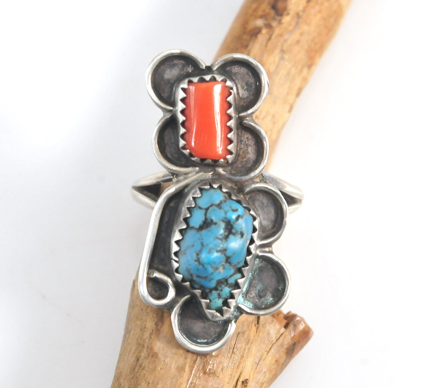 Native American Sterling Silver Turquoise Coral Ring