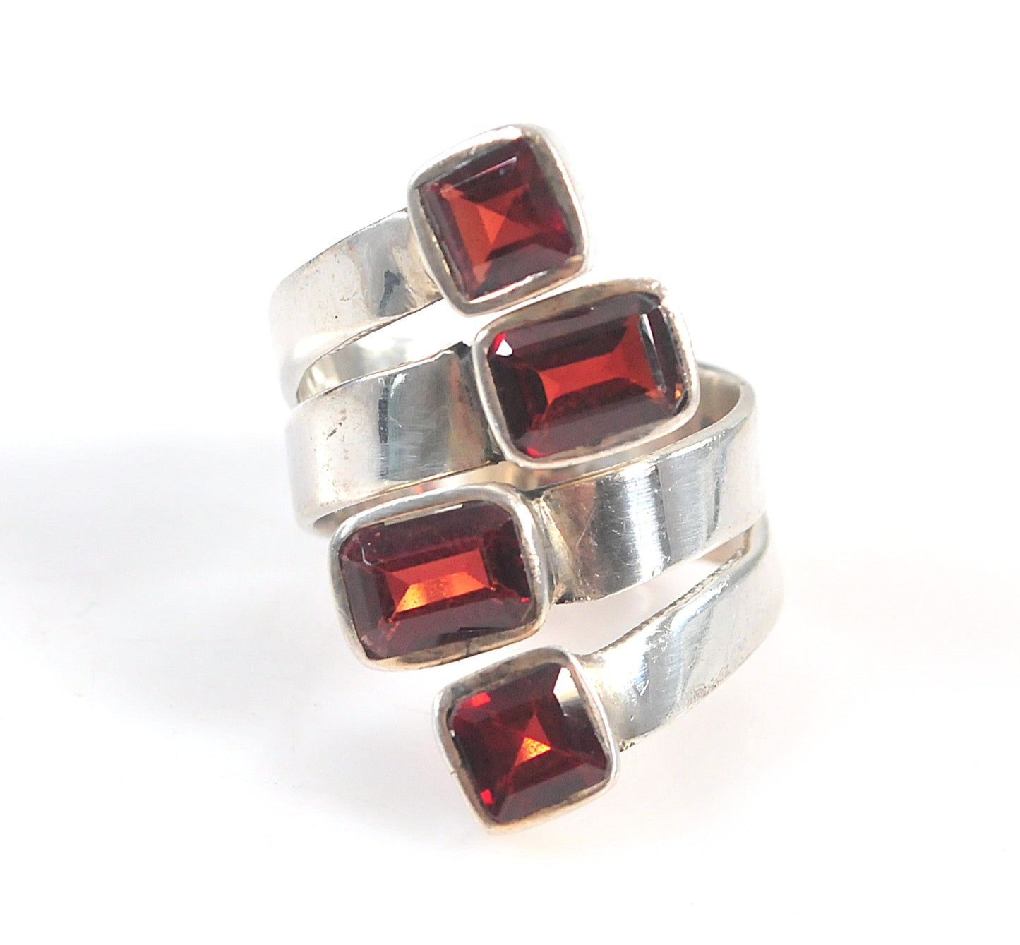 Large 925 Sterling Silver Adjustable Garnet Bypass Ring