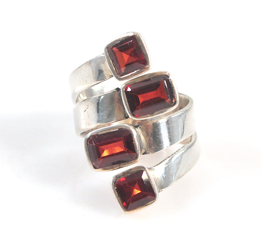 Large 925 Sterling Silver Adjustable Garnet Bypass Ring