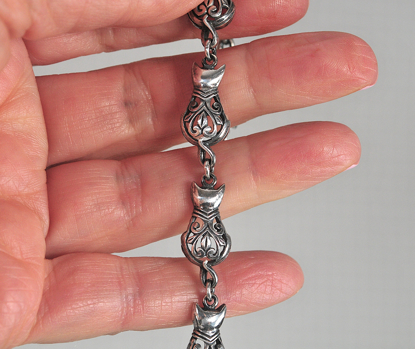 Sterling Silver Cat Link Bracelet
