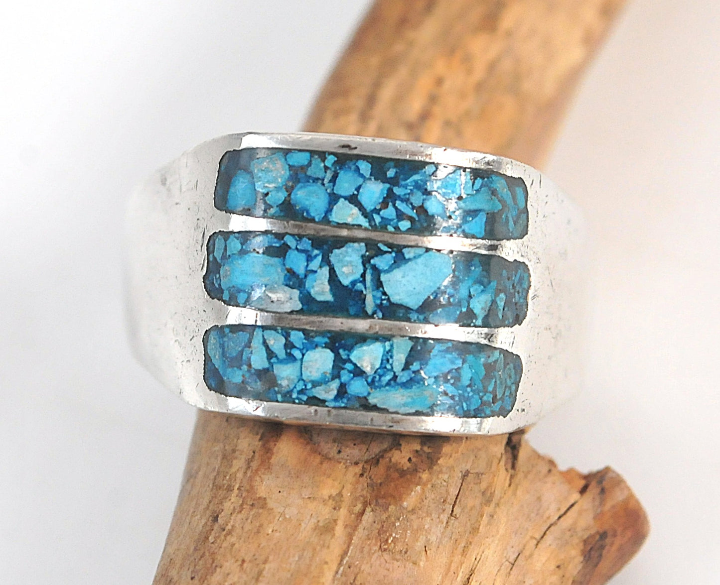 Vintage Taxco Sterling Silver Turquoise Chip Inlay Ring