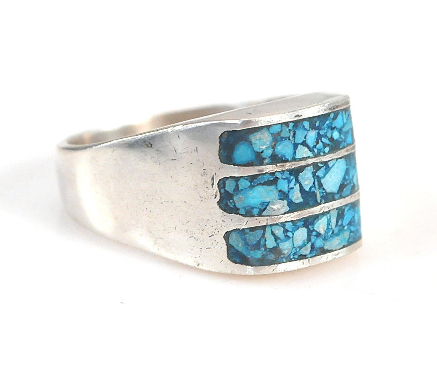 Vintage Taxco Sterling Silver Turquoise Chip Inlay Ring