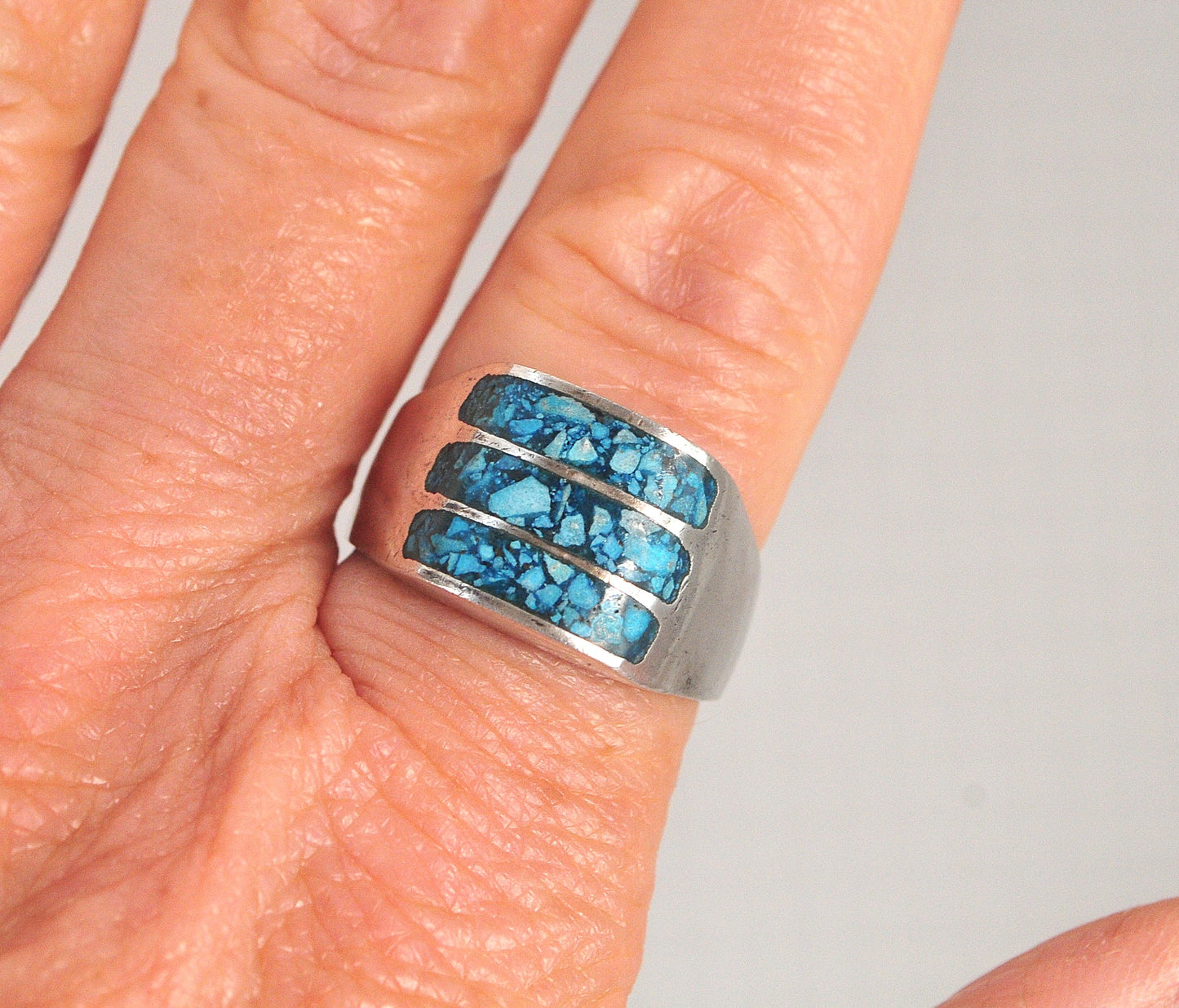 Vintage Taxco Sterling Silver Turquoise Chip Inlay Ring