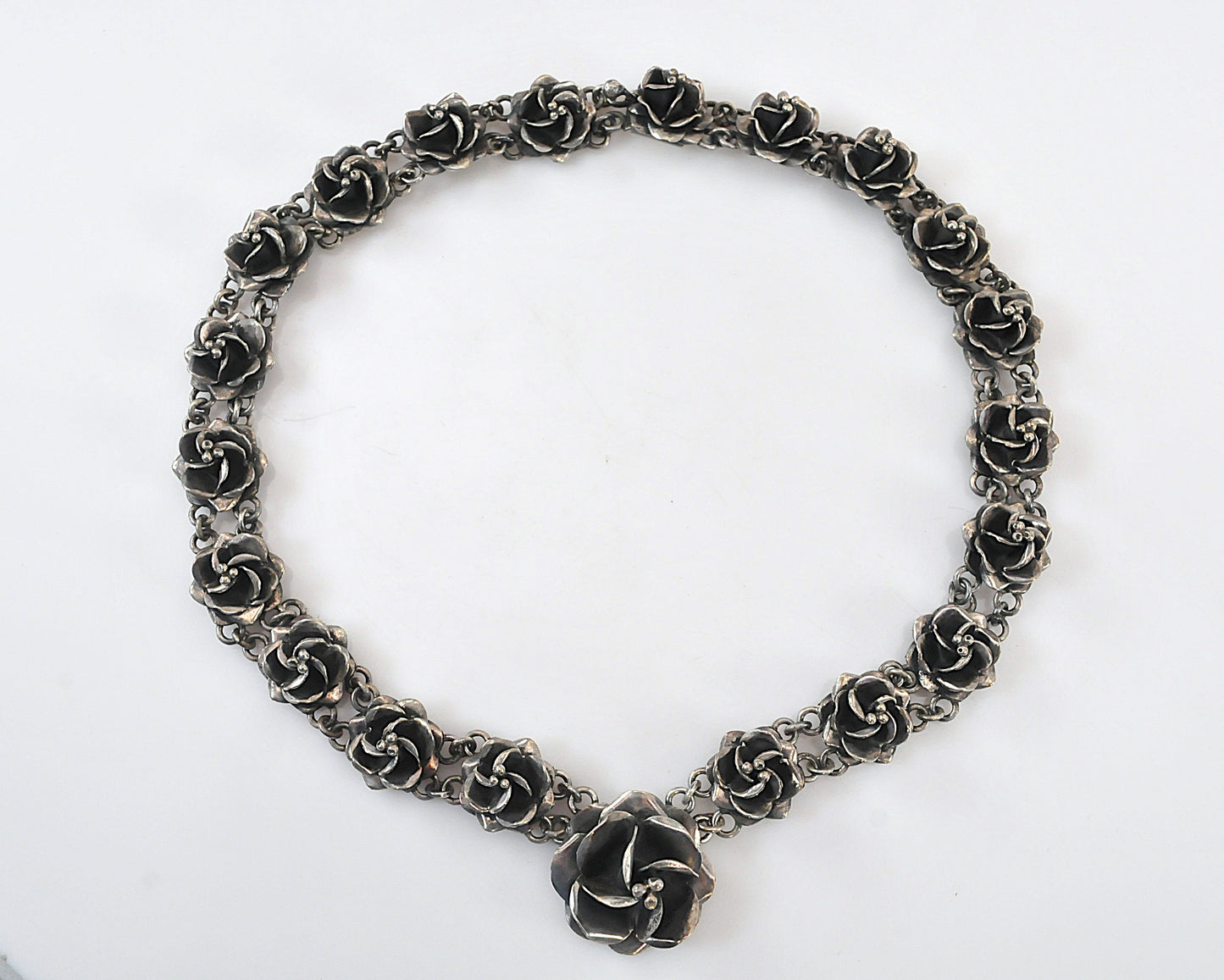 Heavy Taxco Sterling Silver Rose Necklace