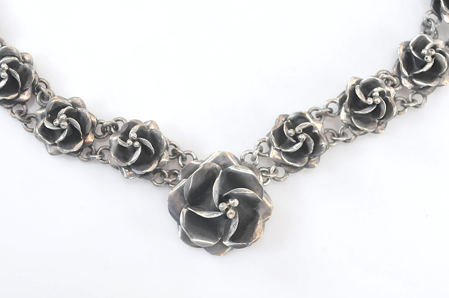 Heavy Taxco Sterling Silver Rose Necklace