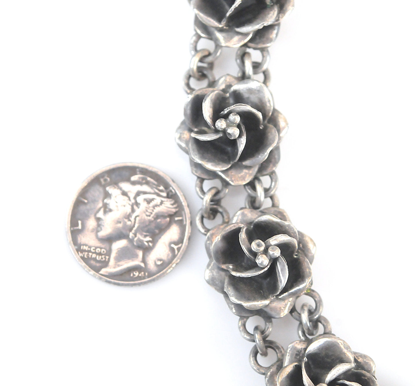 Heavy Taxco Sterling Silver Rose Necklace