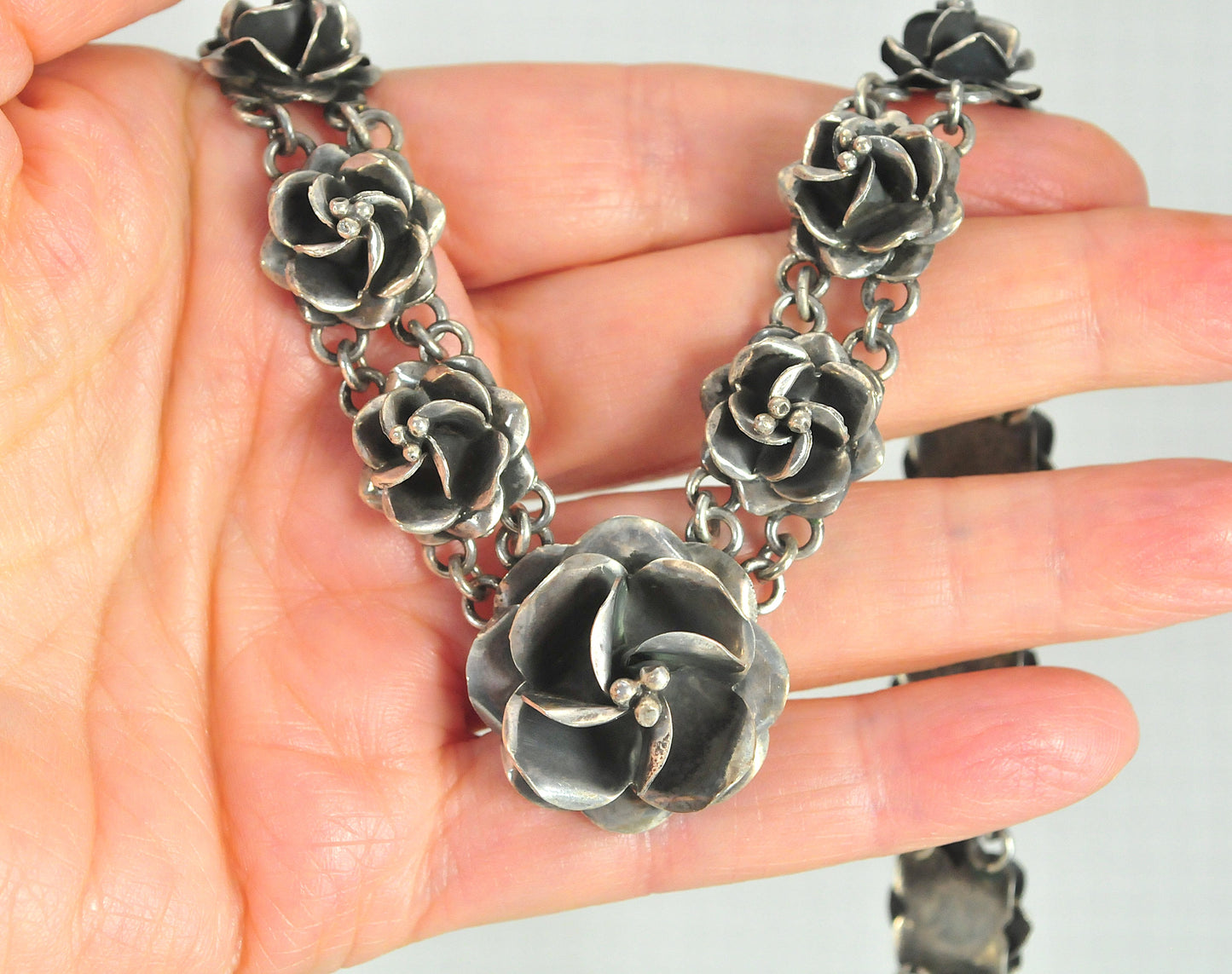 Heavy Taxco Sterling Silver Rose Necklace
