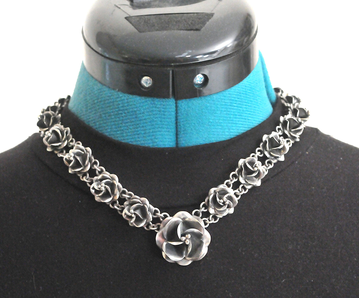 Heavy Taxco Sterling Silver Rose Necklace