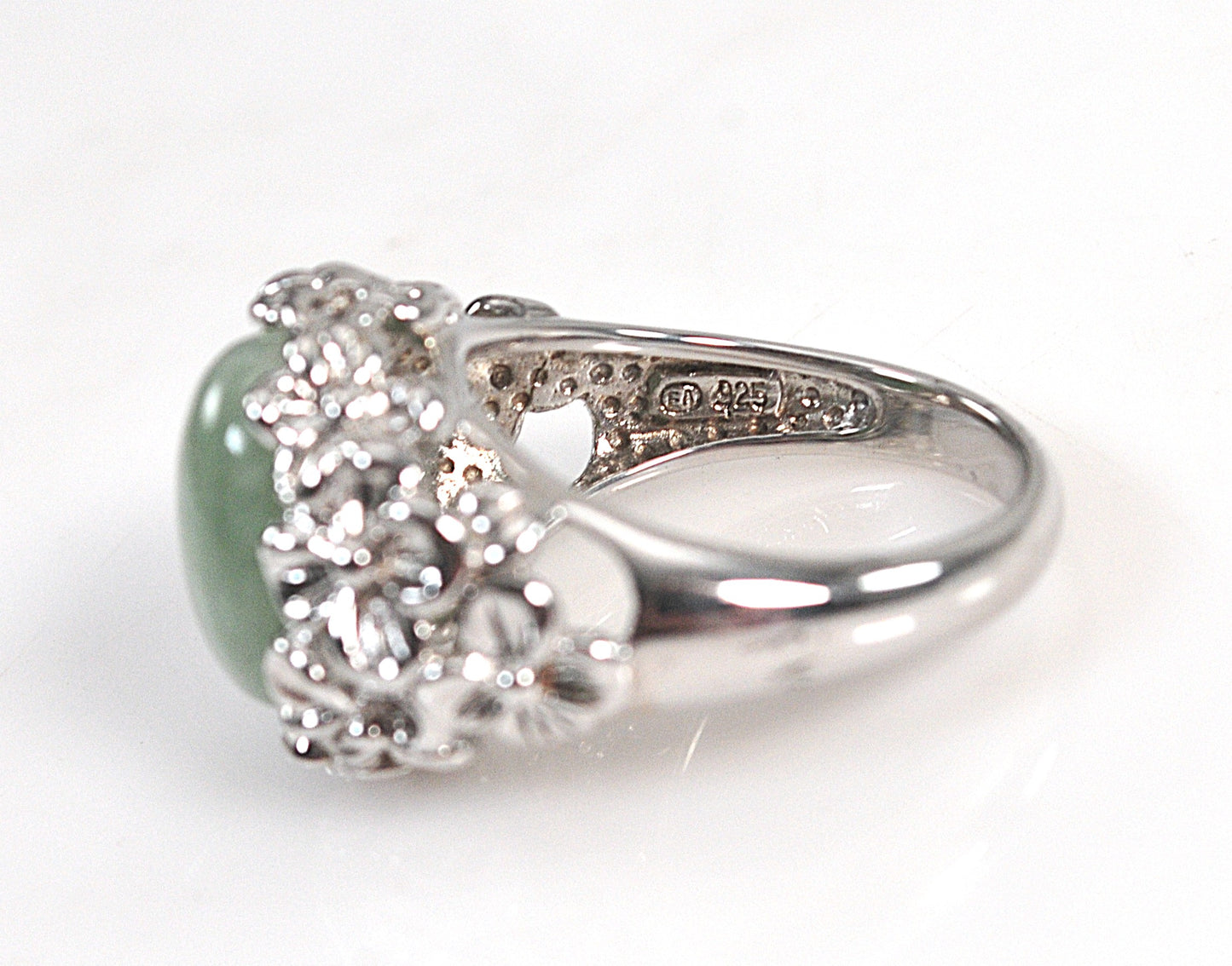 Sterling Silver Jade Flower Ring