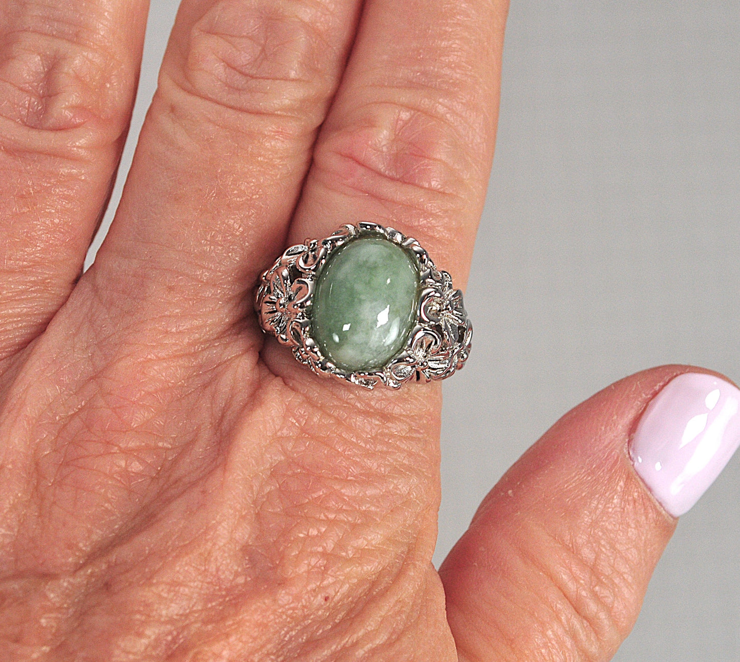 Sterling Silver Jade Flower Ring