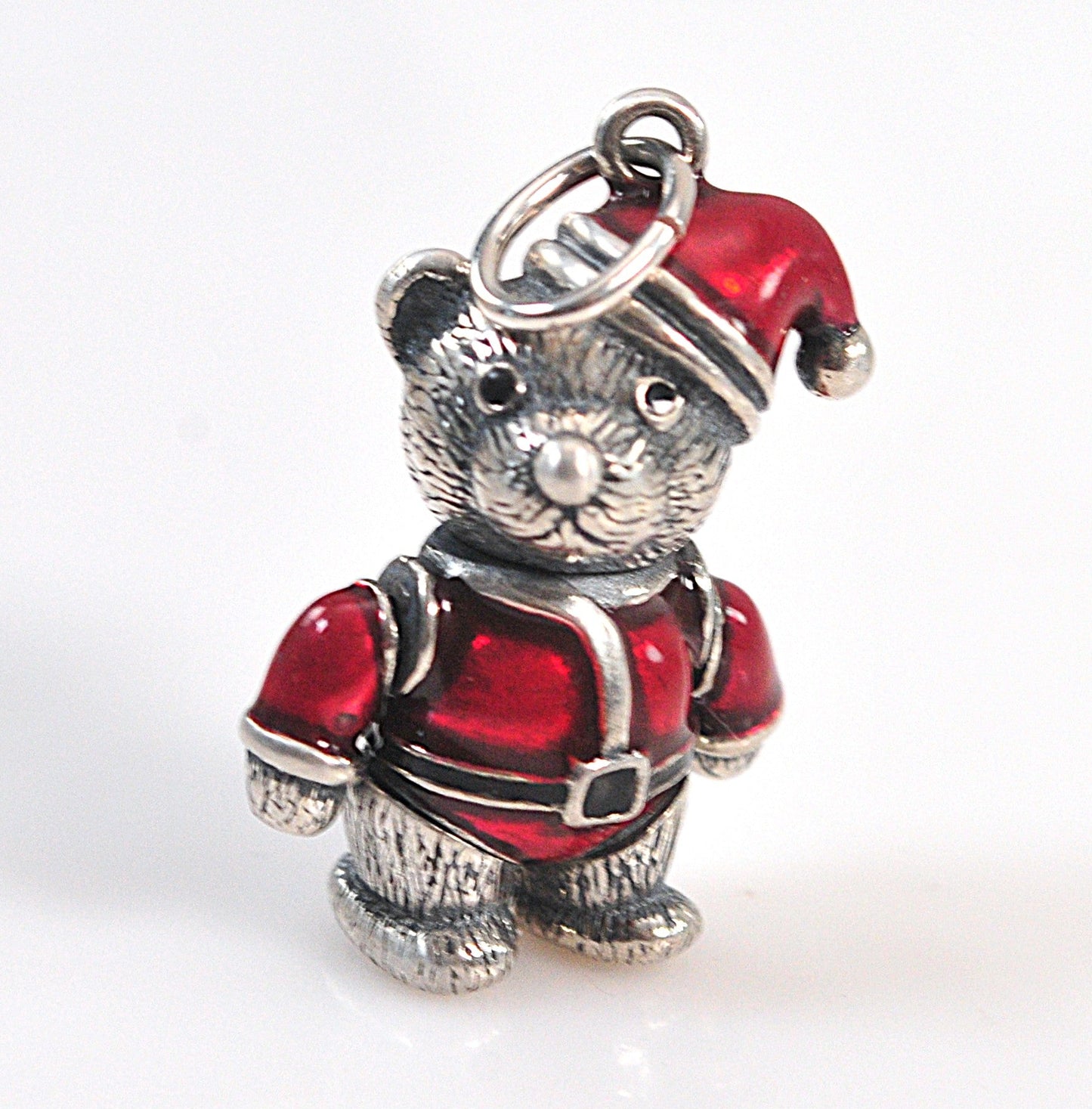Sterling Silver Red Enamel Articulated Santa Teddy Bear Charm Pendant