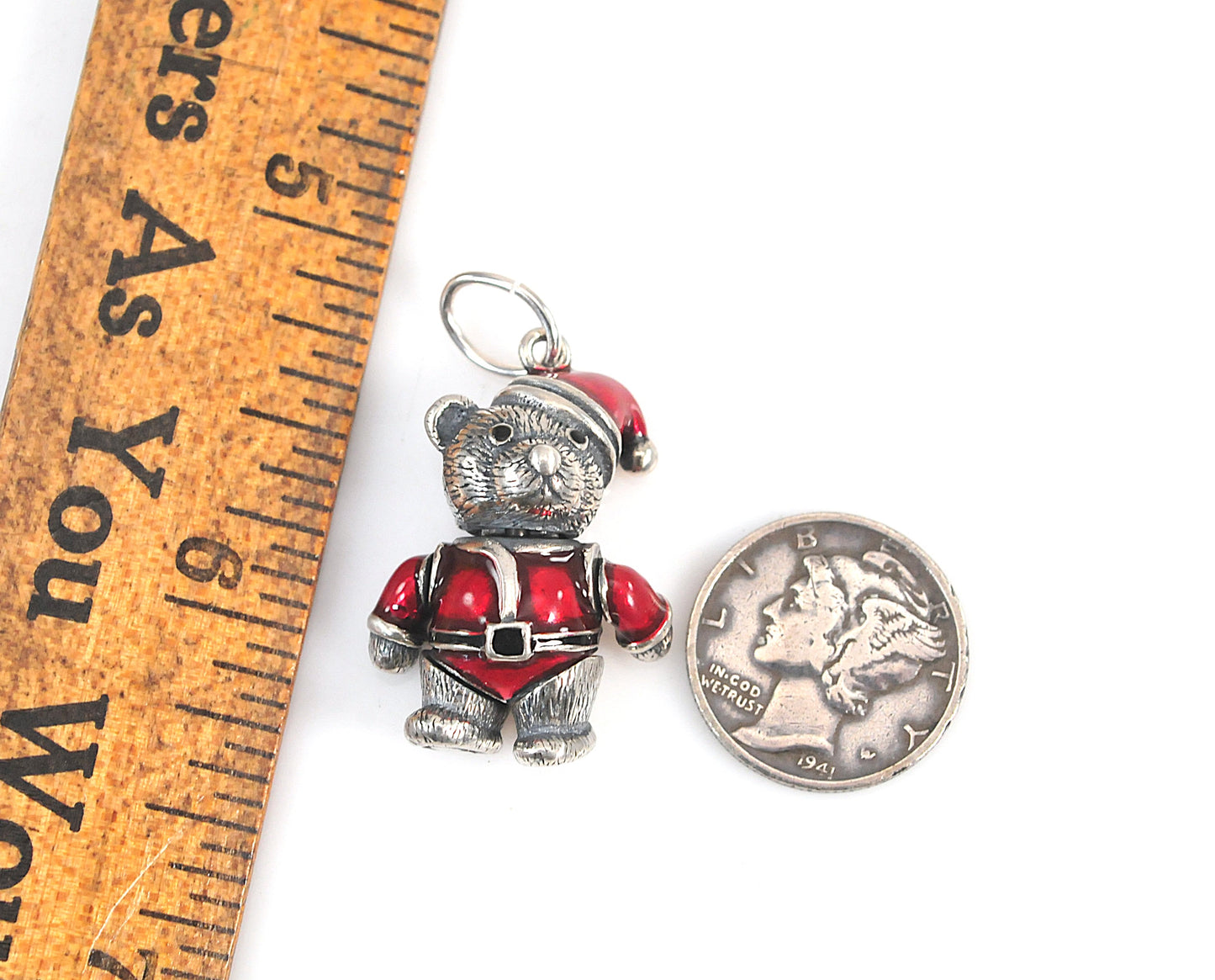 Sterling Silver Red Enamel Articulated Santa Teddy Bear Charm Pendant