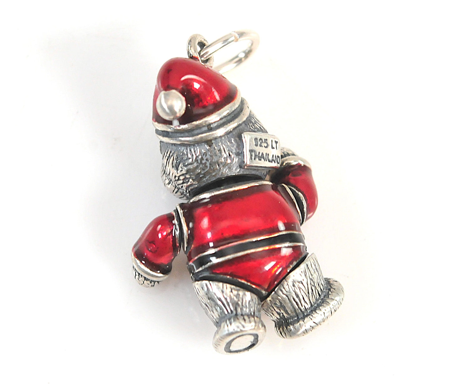 Sterling Silver Red Enamel Articulated Santa Teddy Bear Charm Pendant