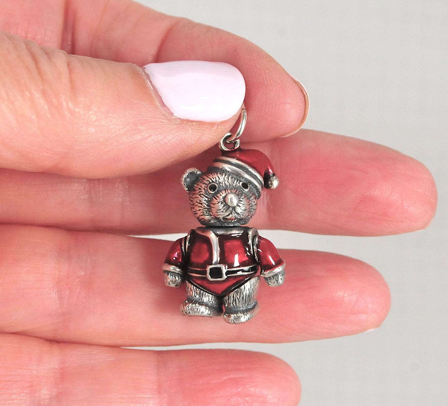 Sterling Silver Red Enamel Articulated Santa Teddy Bear Charm Pendant