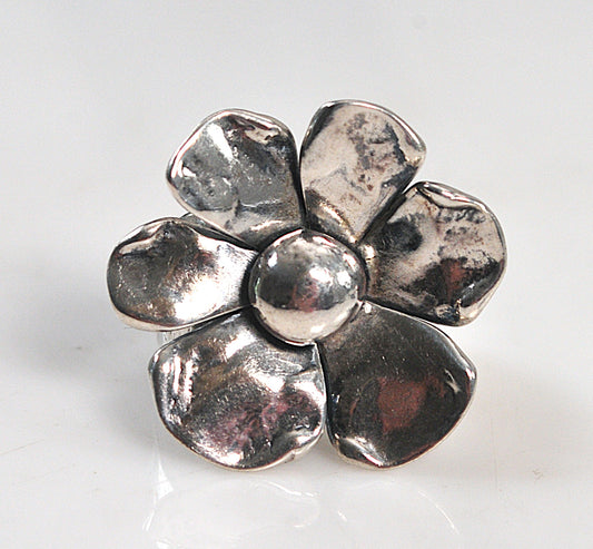 Large Artisan Signed Sterling Silver Flower Ring