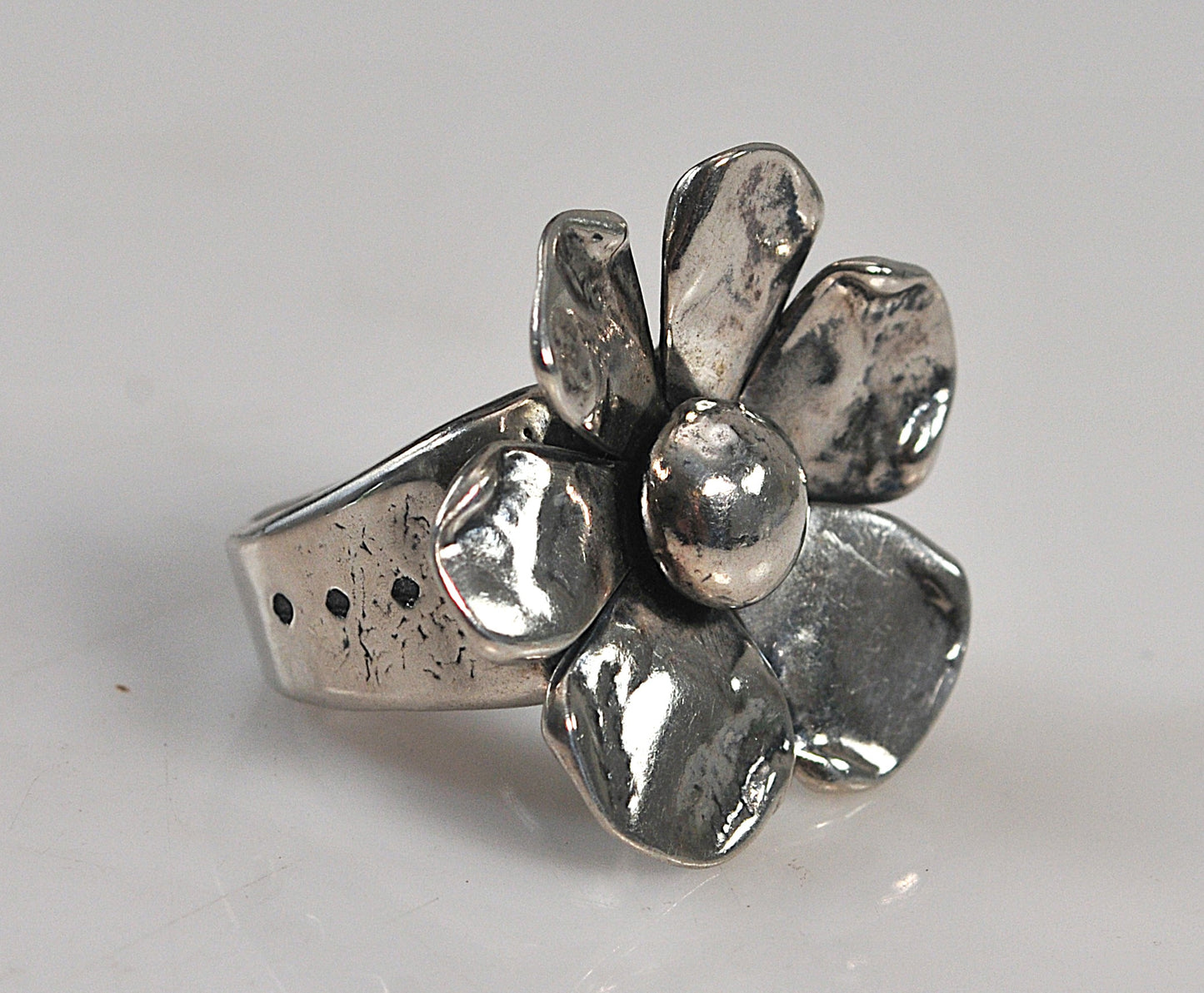 Large Artisan Signed Sterling Silver Flower Ring