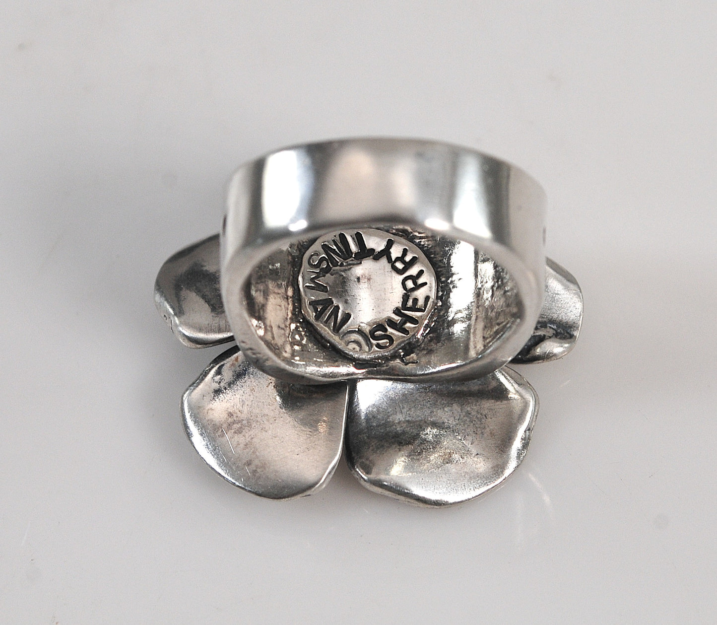 Large Artisan Signed Sterling Silver Flower Ring