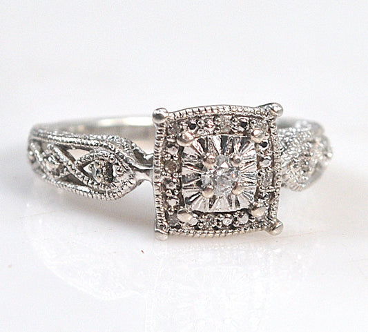 Signed Sterling Silver Diamond Ring