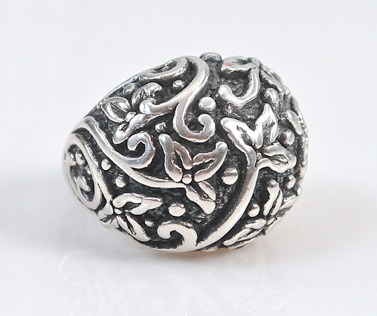 Large 925 Sterling Silver Hollow Floral Ring