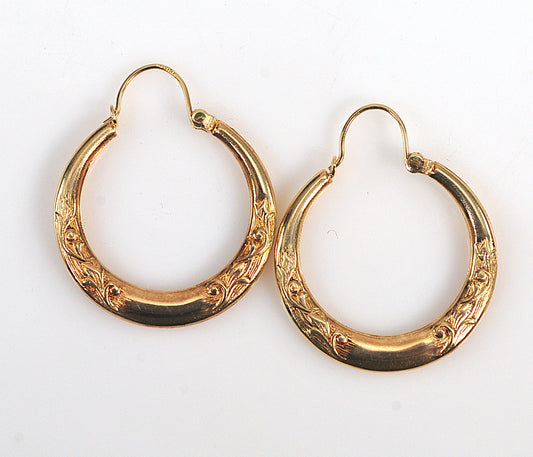 Vintage 14K Gold Floral Hoop Earrings