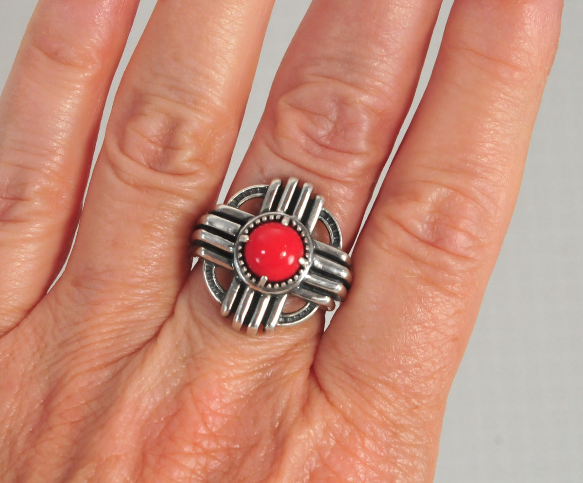 Carolyn Pollack Sterling Silver Coral Zia Ring