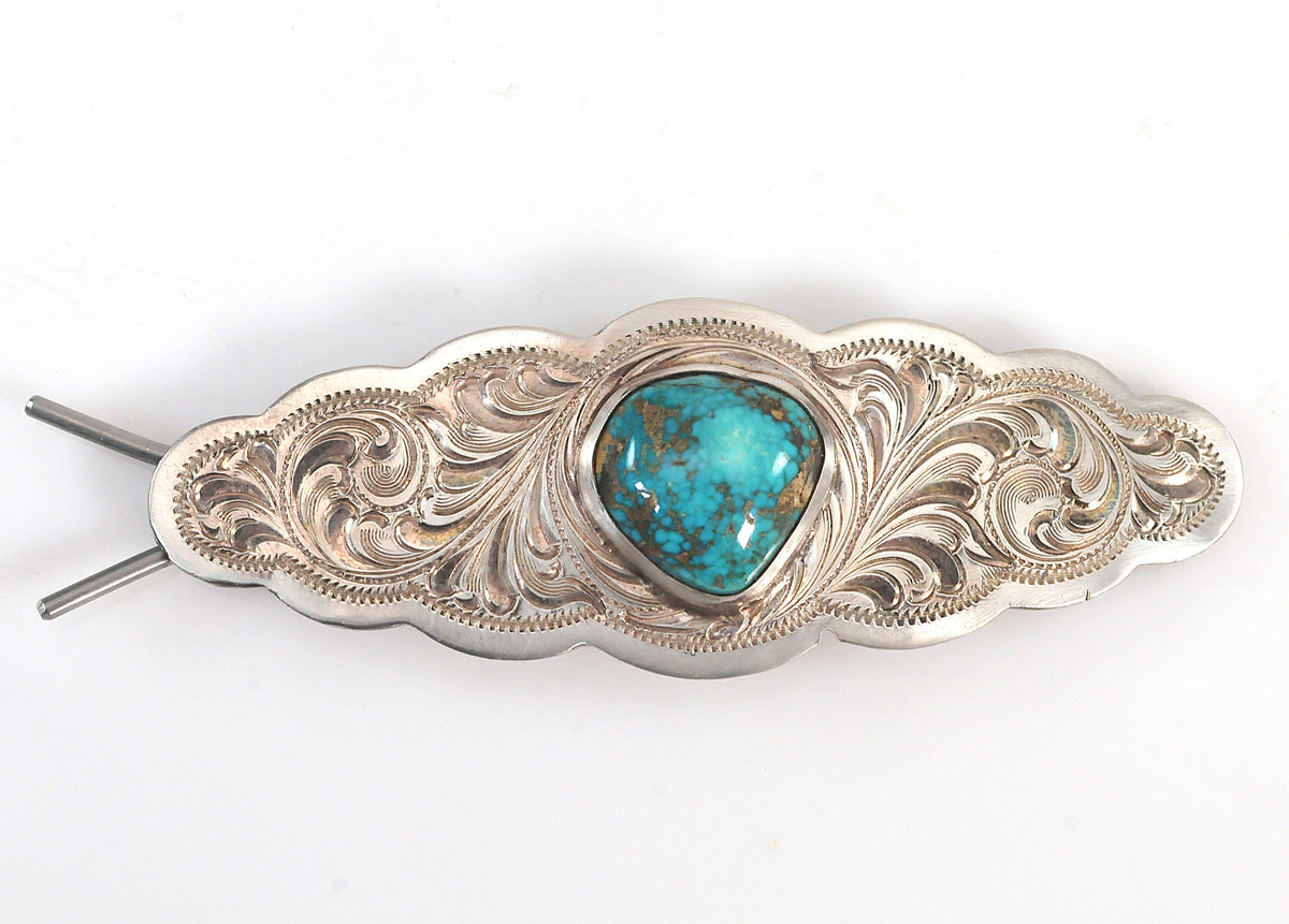 Artisan Sterling Silver Southwestern Turquoise Barrette, Signed Hair Clip