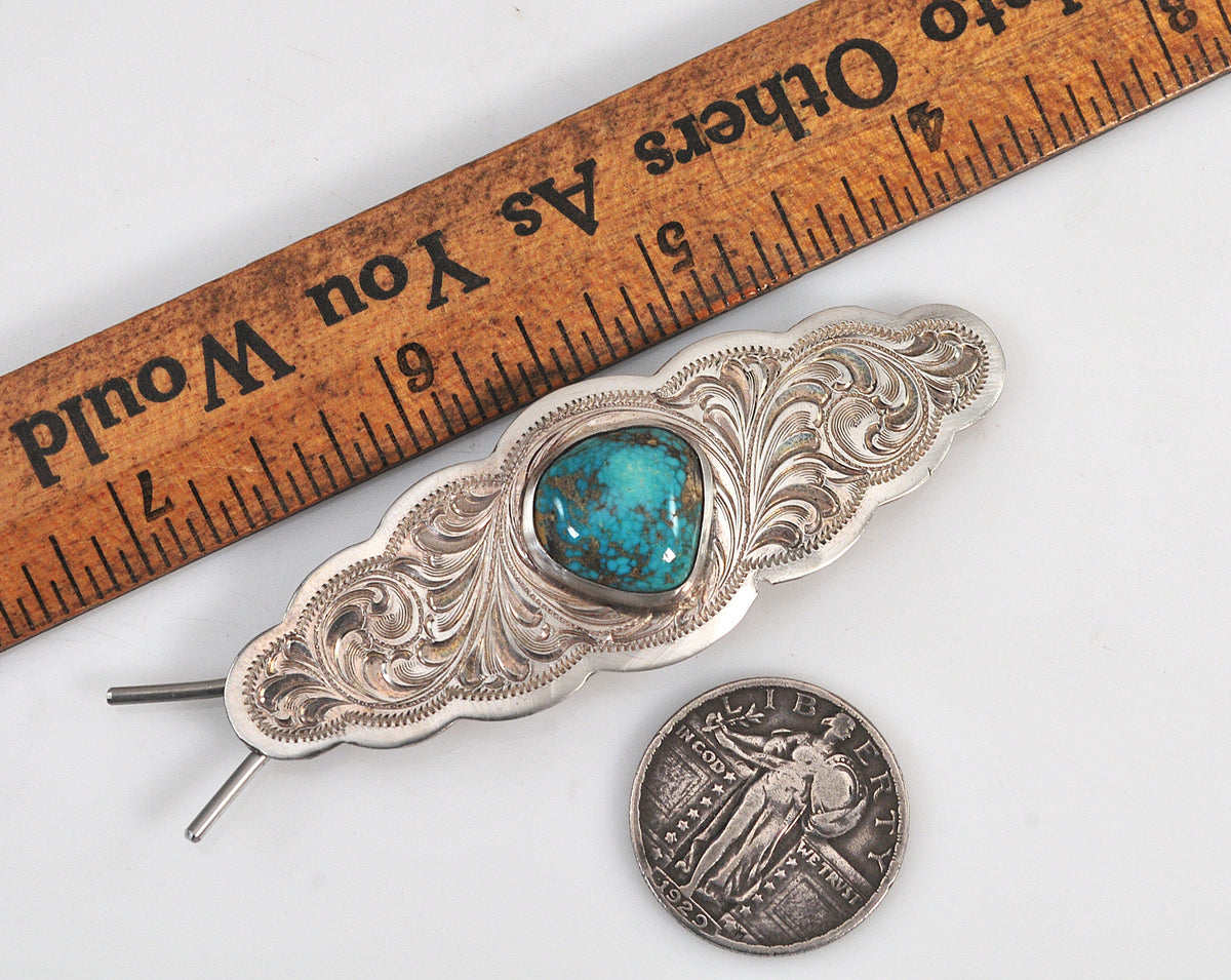 Artisan Sterling Silver Southwestern Turquoise Barrette, Signed Hair Clip