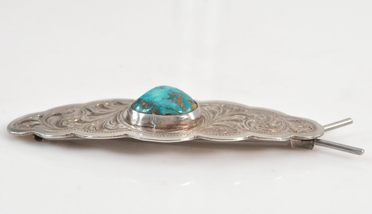 Artisan Sterling Silver Southwestern Turquoise Barrette, Signed Hair Clip