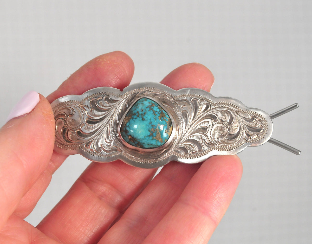 Artisan Sterling Silver Southwestern Turquoise Barrette, Signed Hair Clip