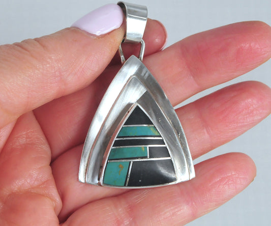 Large Navajo Sterling Silver Green Turquoise Onyx Pendant