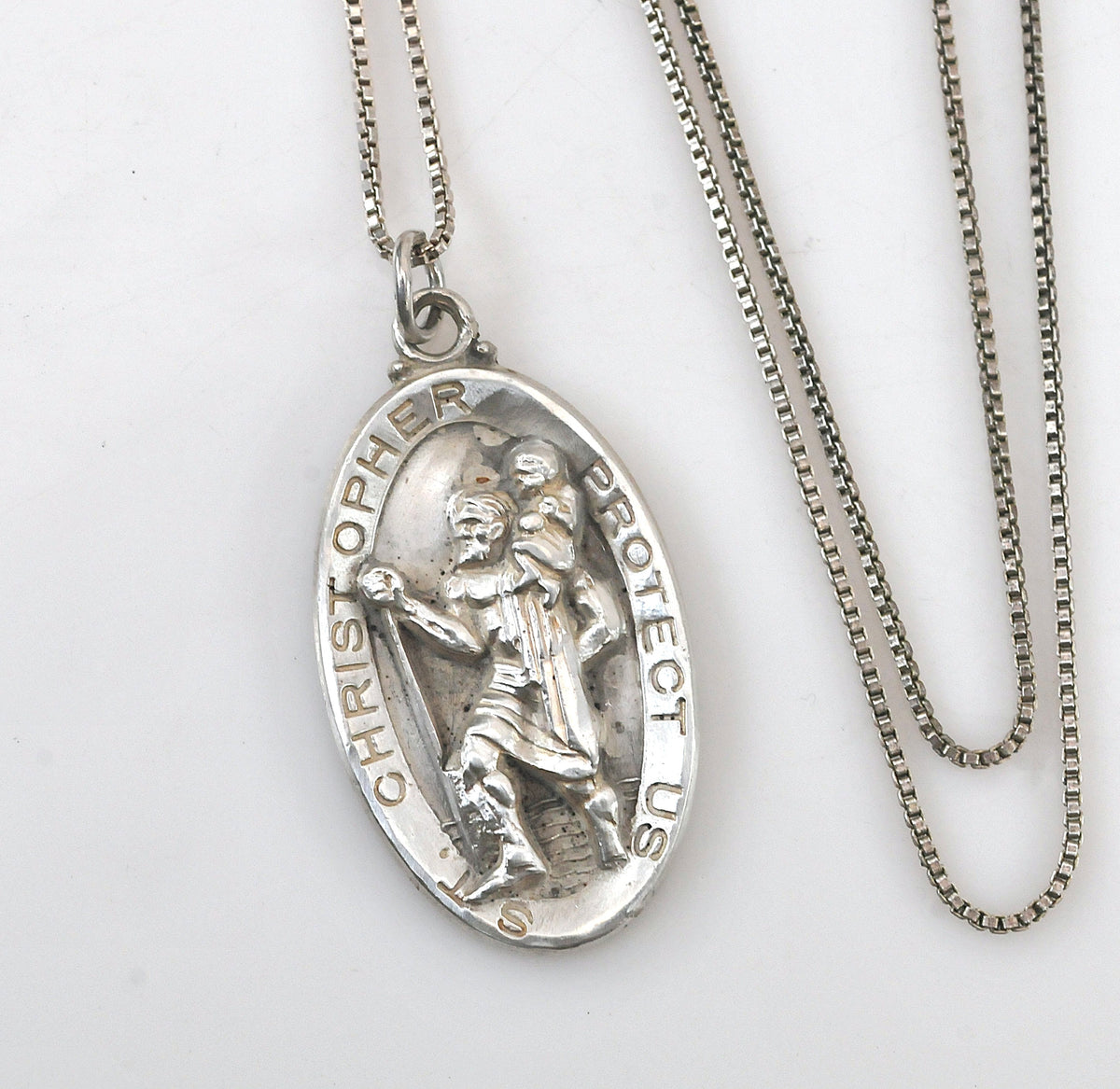 Vintage Sterling Silver Saint Christopher Medal Pendant Necklace