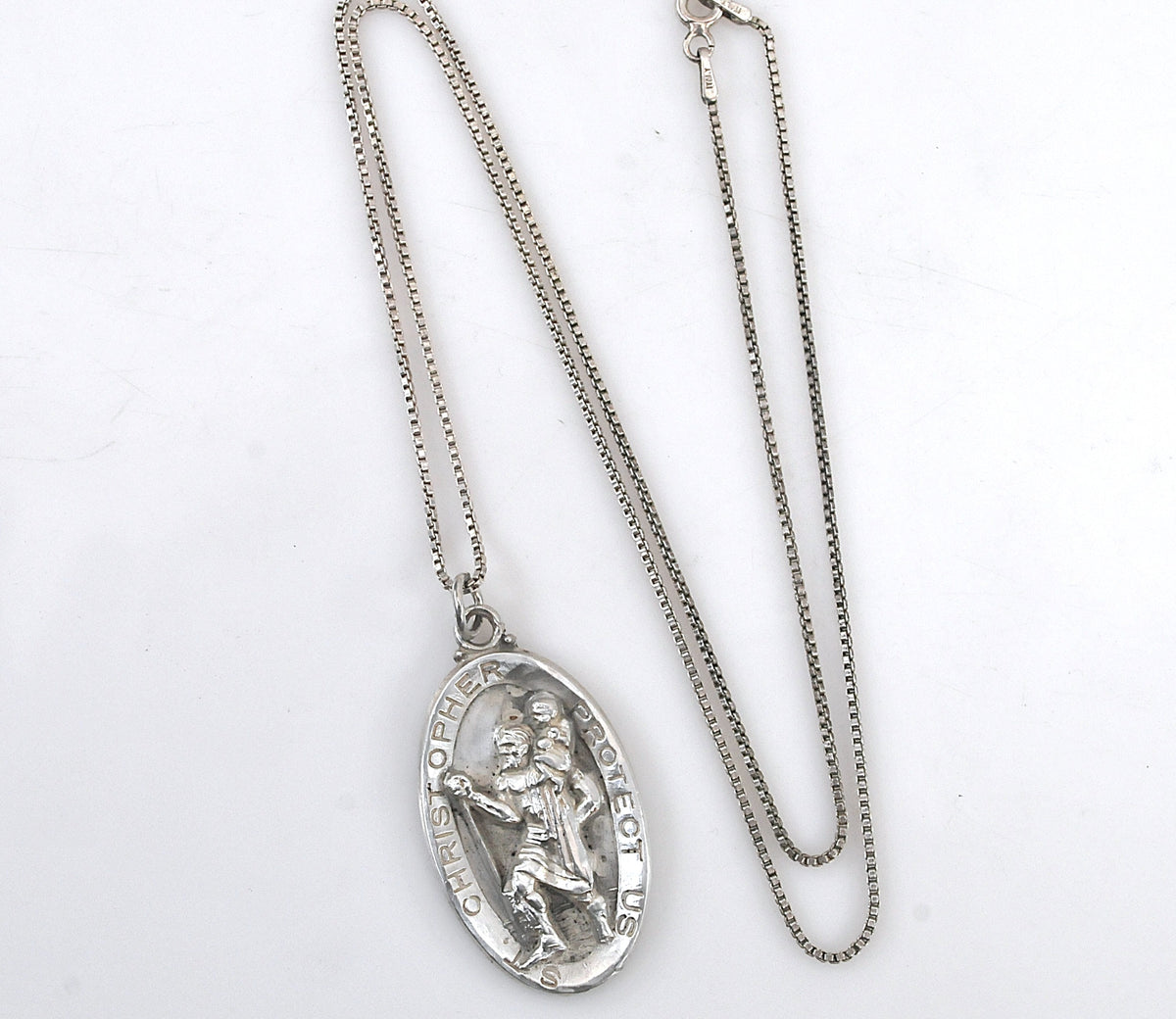 Vintage Sterling Silver Saint Christopher Medal Pendant Necklace
