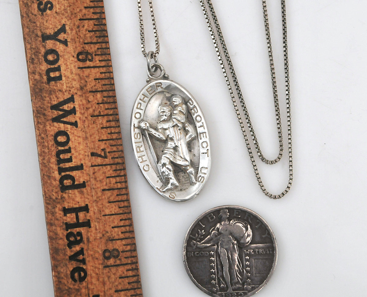 Vintage Sterling Silver Saint Christopher Medal Pendant Necklace