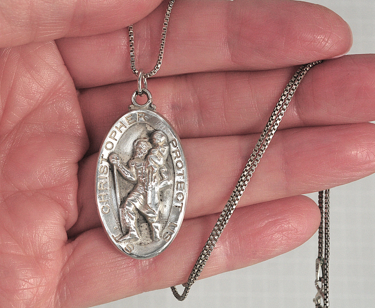 Vintage Sterling Silver Saint Christopher Medal Pendant Necklace
