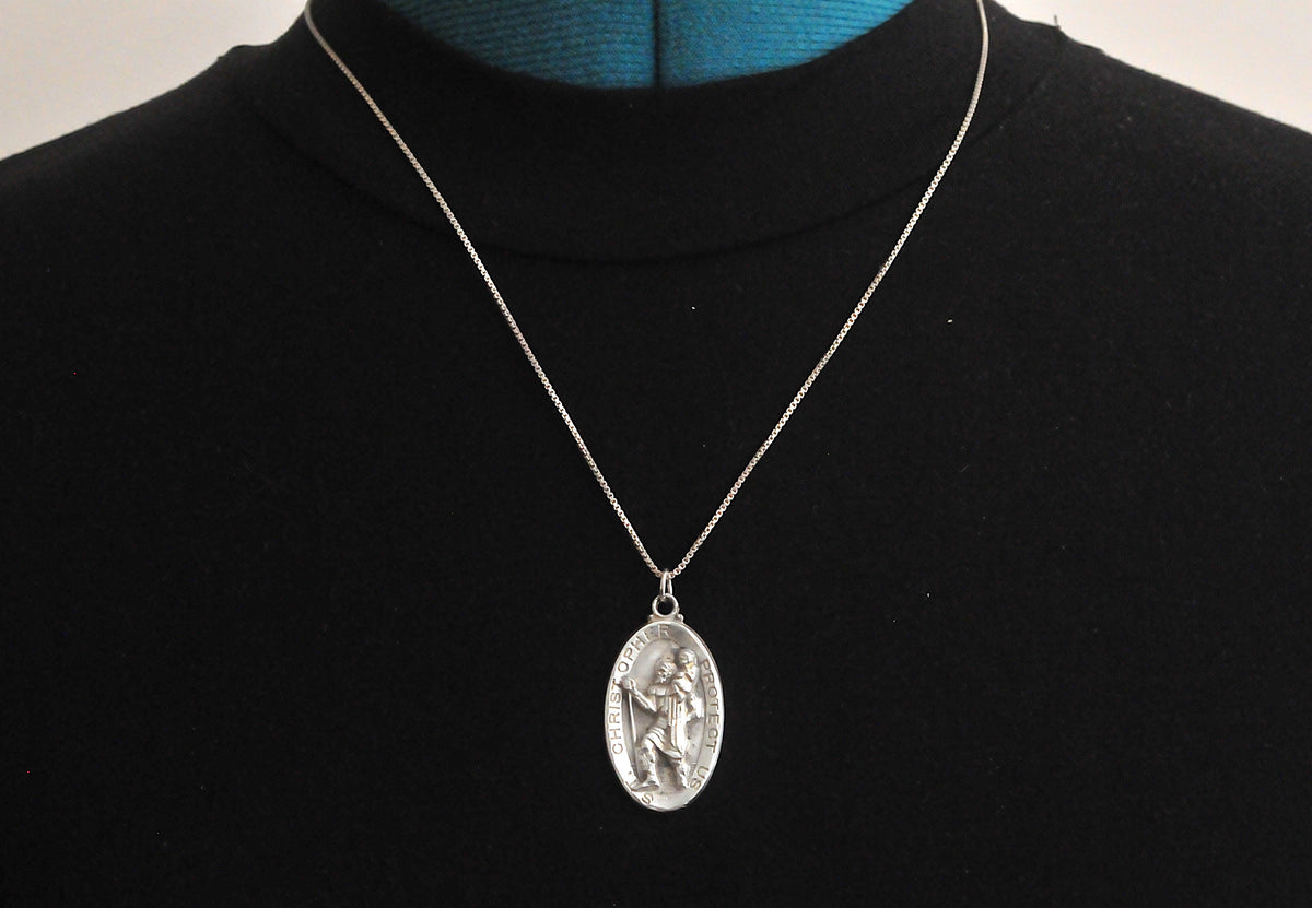 Vintage Sterling Silver Saint Christopher Medal Pendant Necklace