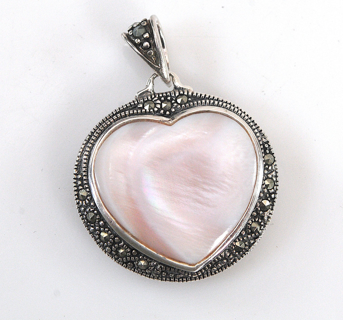 Reversible Sterling Silver Mother of Pearl Marcasite Heart Pendant