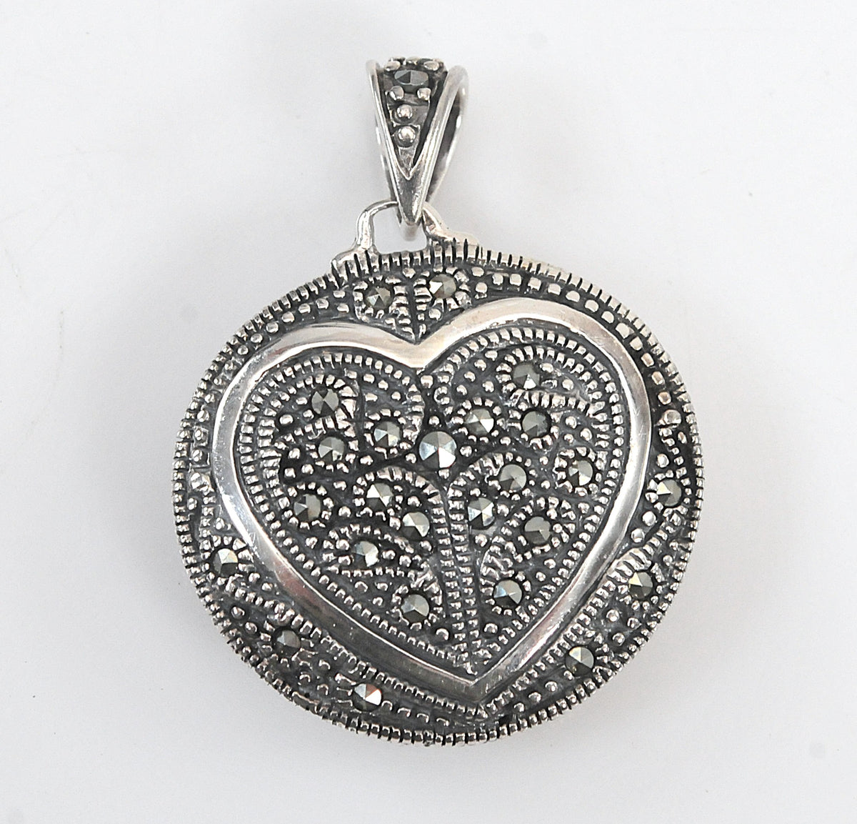 Reversible Sterling Silver Mother of Pearl Marcasite Heart Pendant