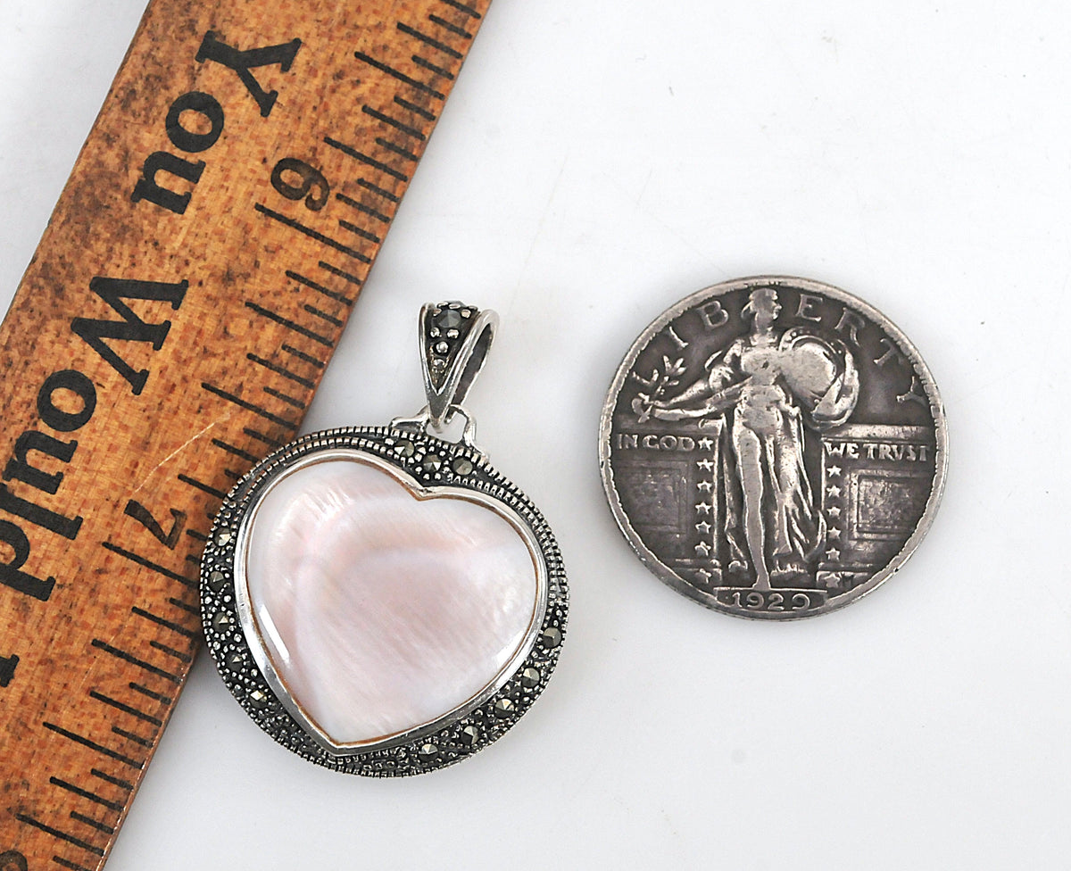 Reversible Sterling Silver Mother of Pearl Marcasite Heart Pendant