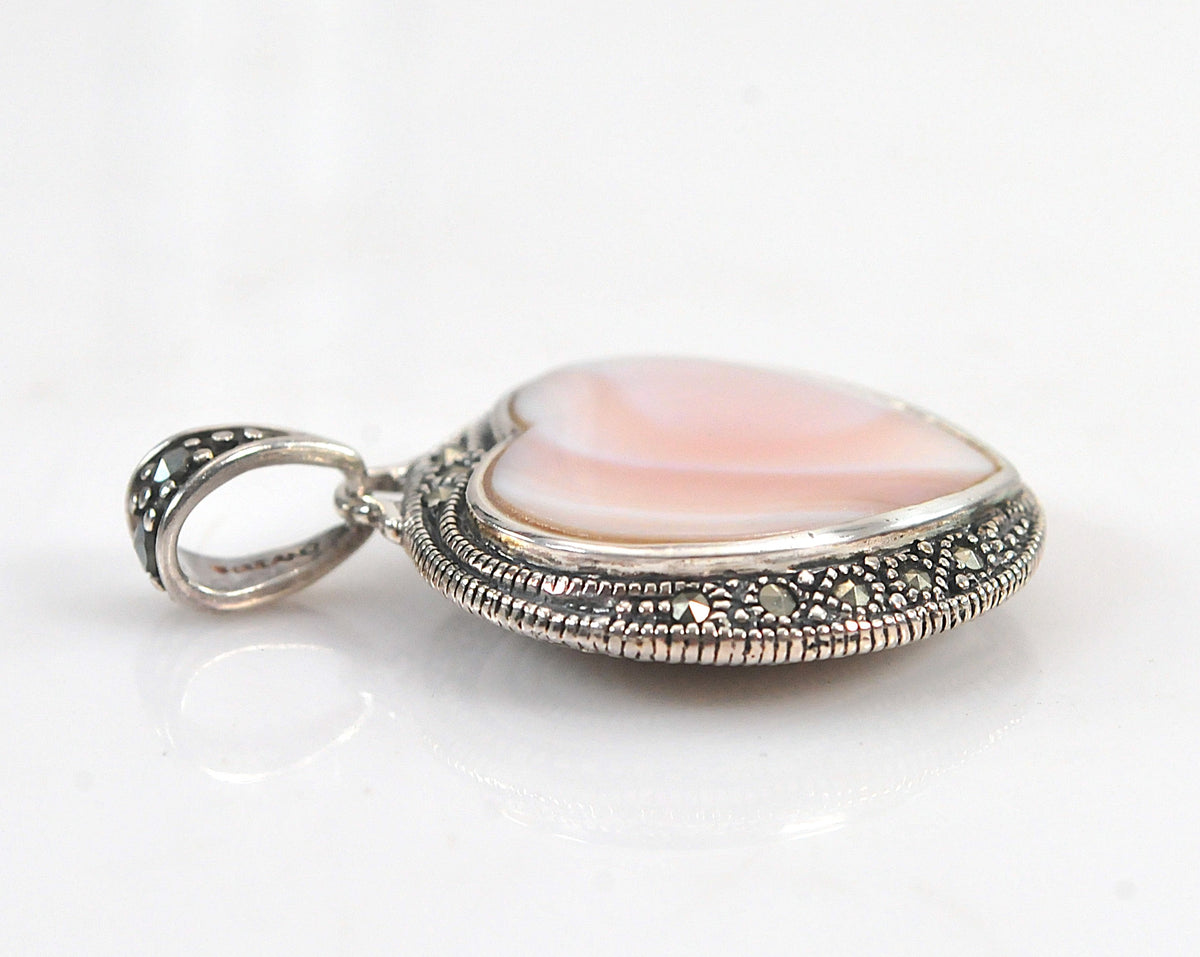 Reversible Sterling Silver Mother of Pearl Marcasite Heart Pendant