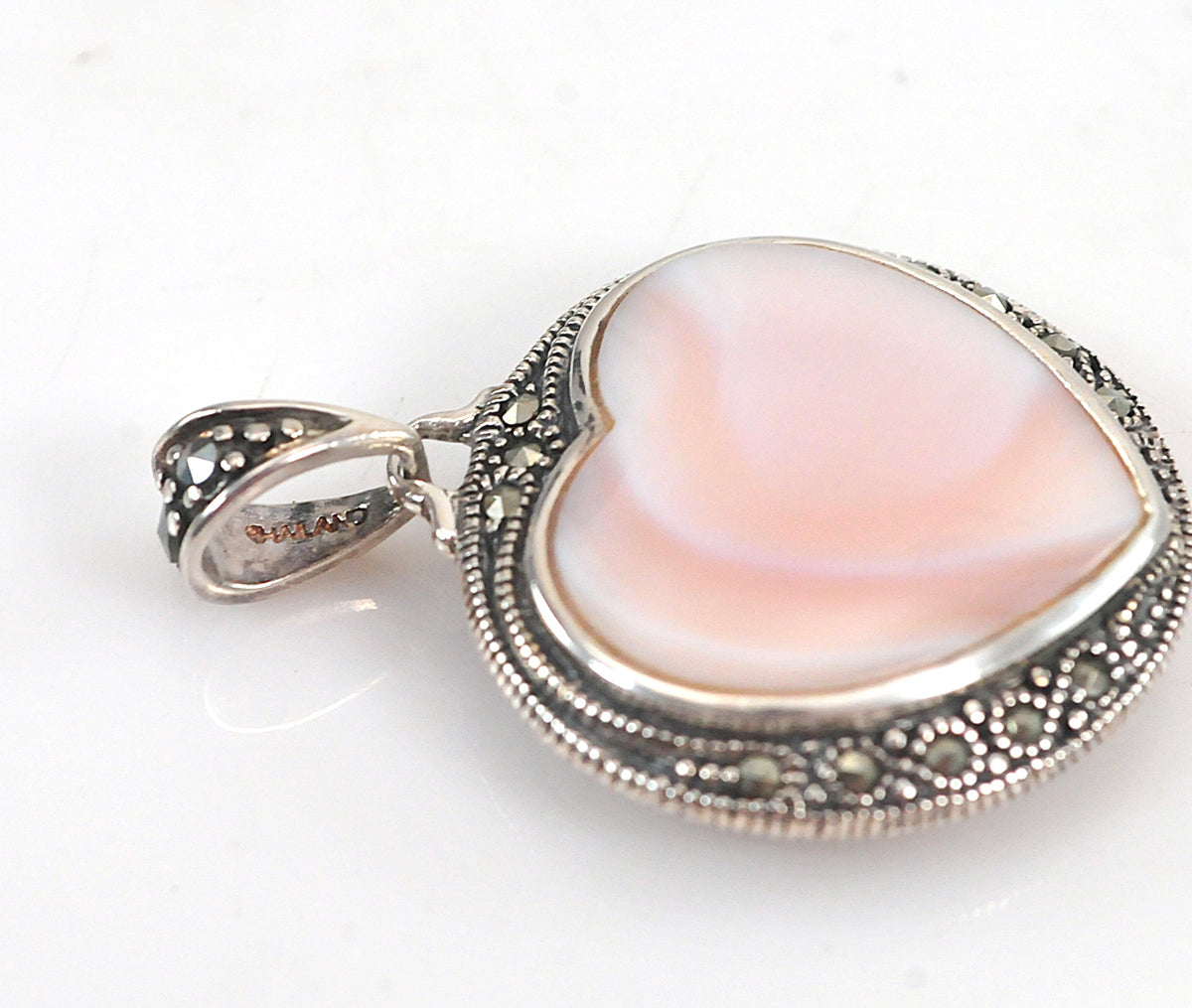 Reversible Sterling Silver Mother of Pearl Marcasite Heart Pendant