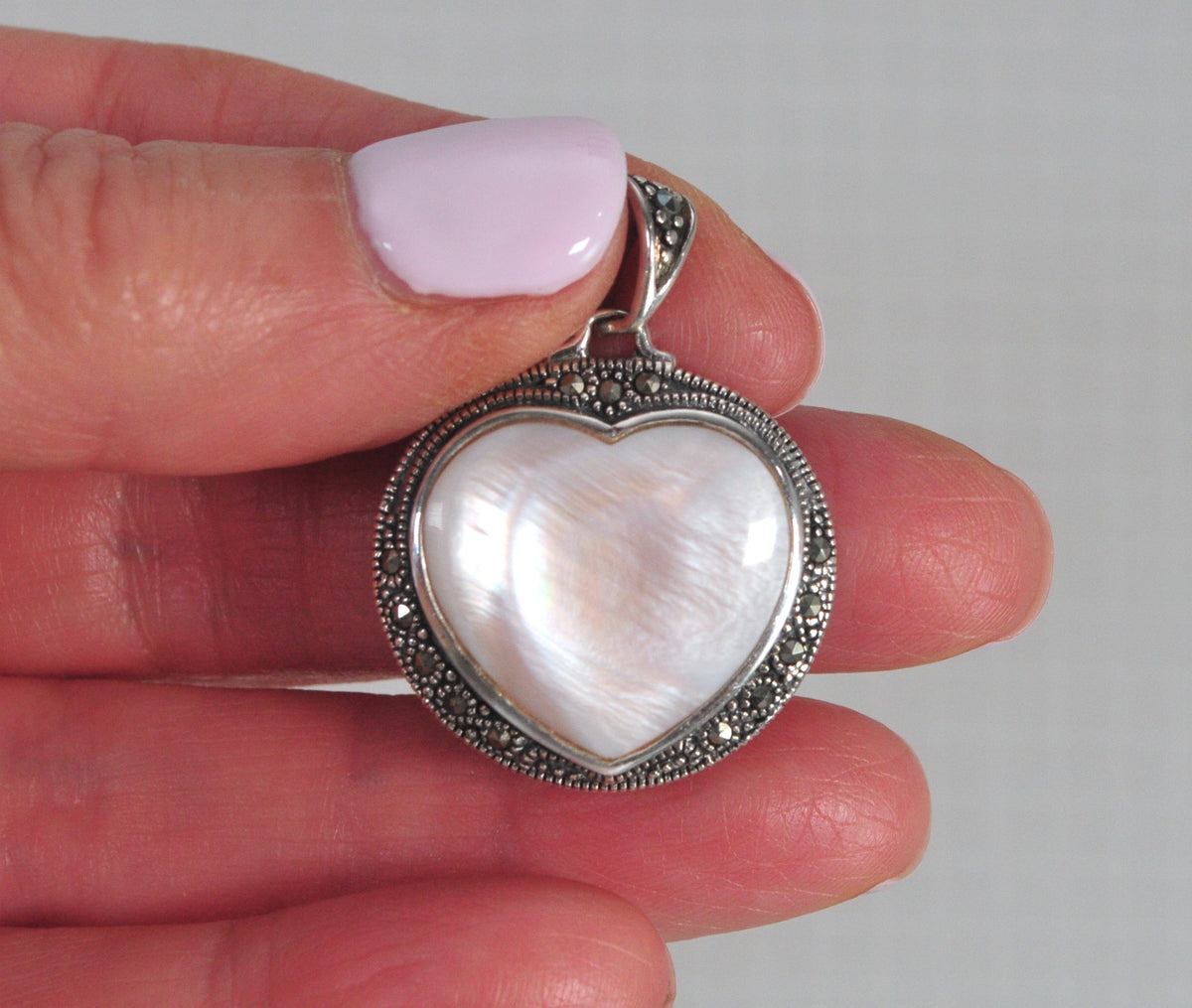 Reversible Sterling Silver Mother of Pearl Marcasite Heart Pendant