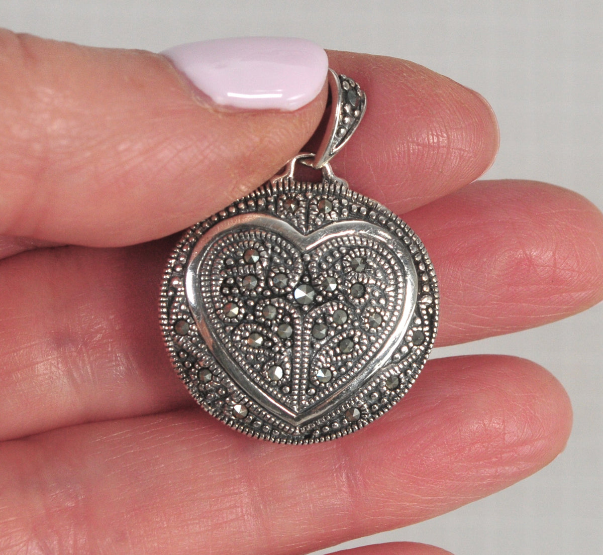 Reversible Sterling Silver Mother of Pearl Marcasite Heart Pendant