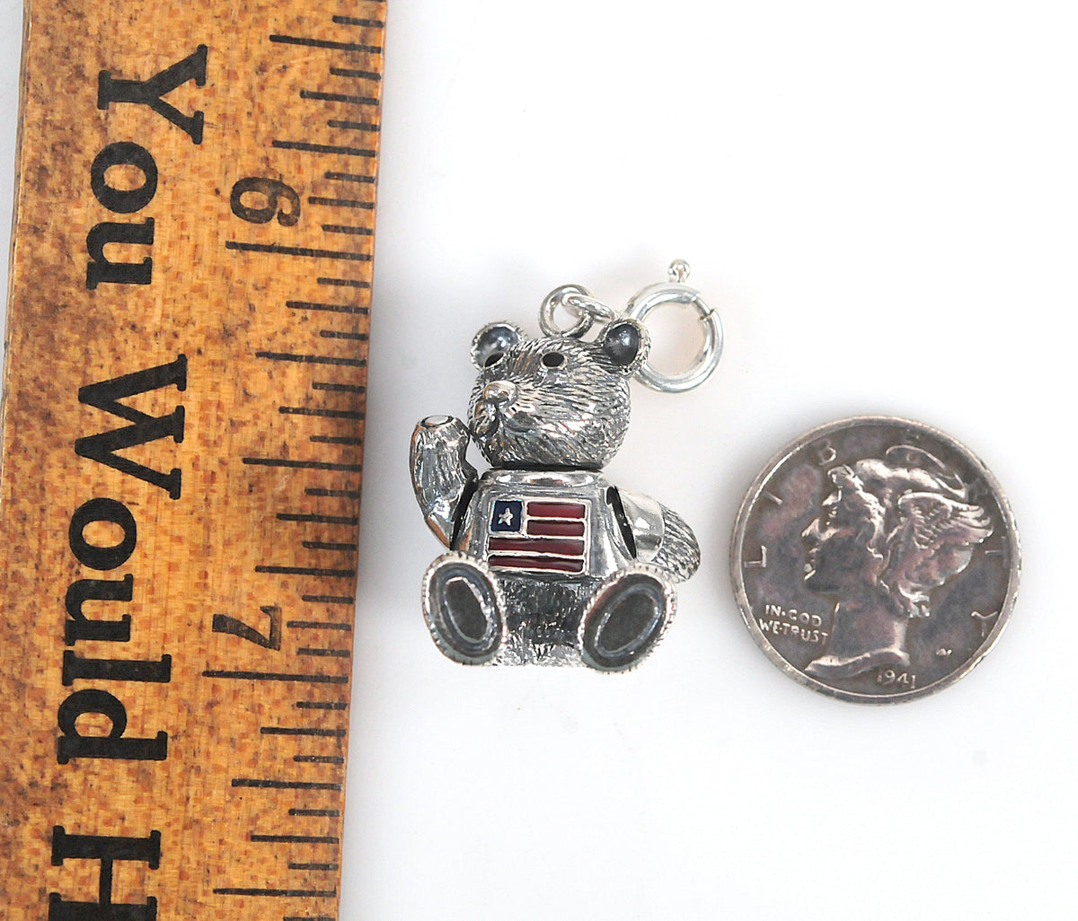 Sterling Silver Enamel Articulated Patriotic Bear Charm Pendant