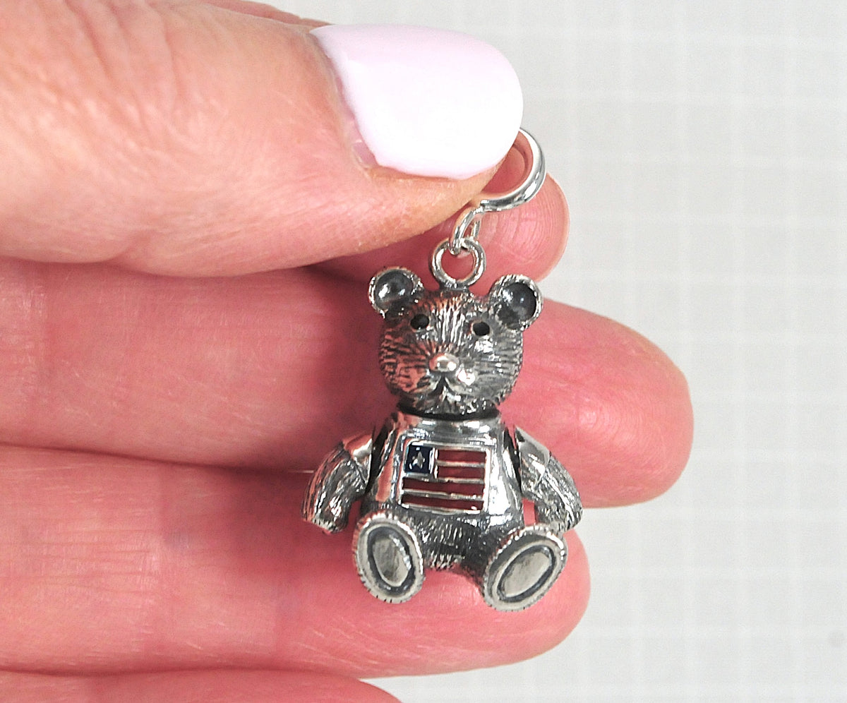 Sterling Silver Enamel Articulated Patriotic Bear Charm Pendant