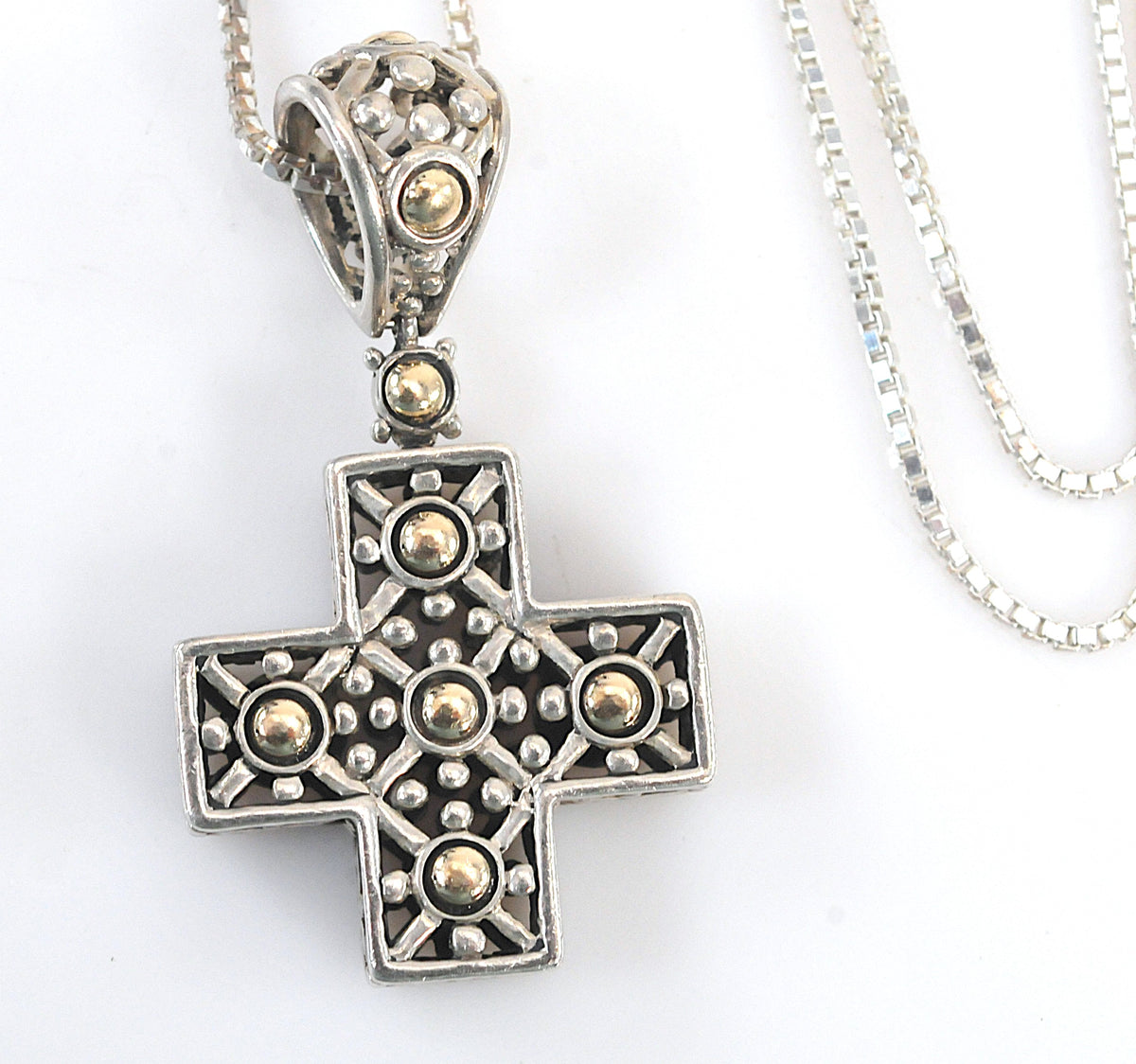 Vintage John Hardy Sterling Silver 18K Gold Cross Pendant Necklace